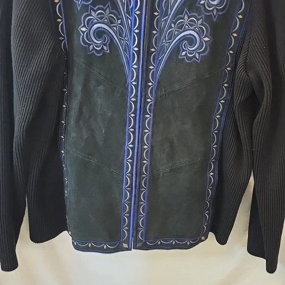 Vtg Bob Mackie Wearable Leather & Knit Jacket Embroidered Black Sz XL Statement! - Picture 3 of 16